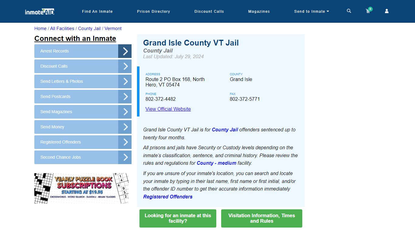 Grand Isle County VT Jail - Inmate Locator